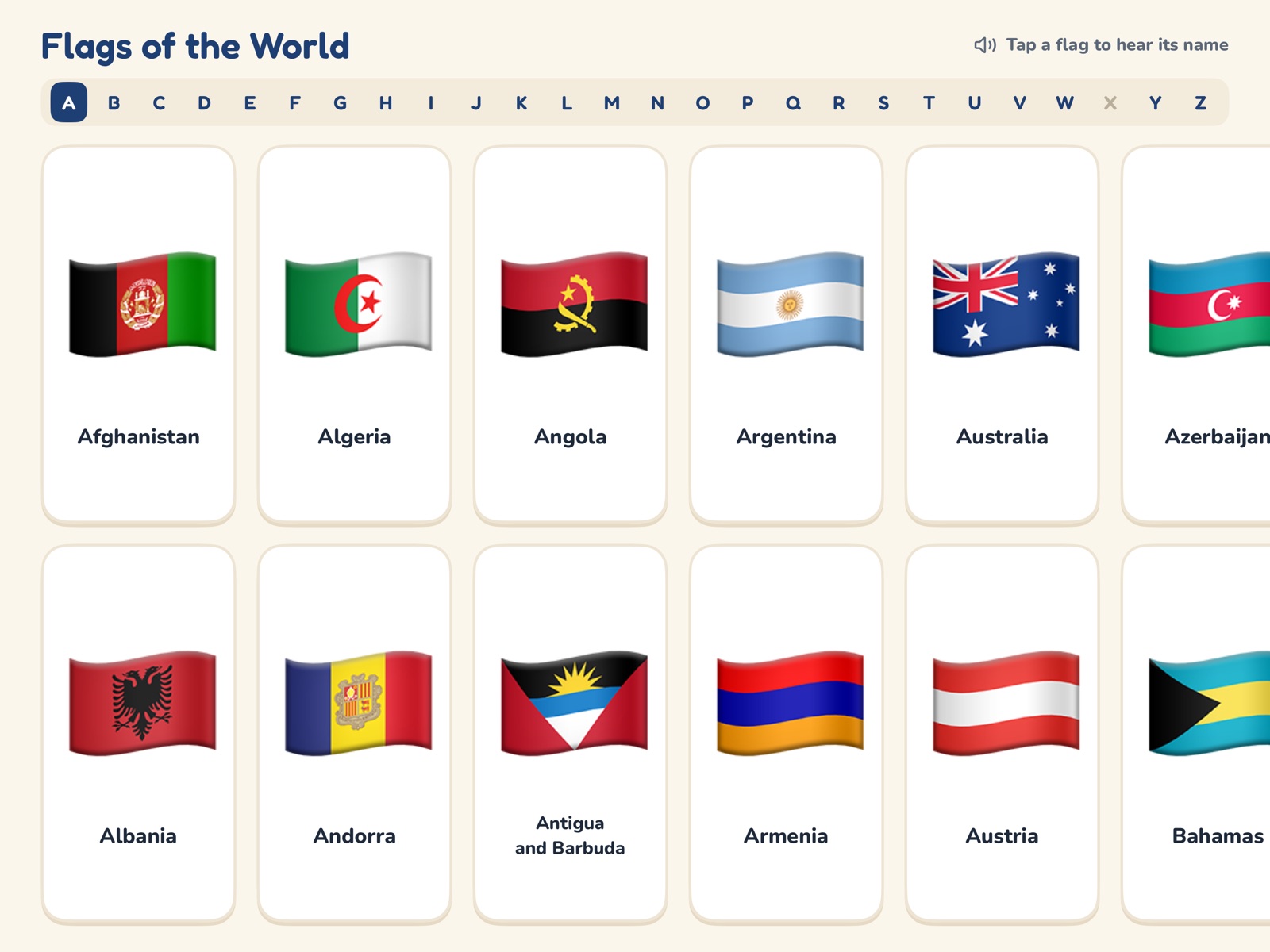 Just Flags on iPad: a grid of flag cards starting with Afghanistan, under an A to Z bar