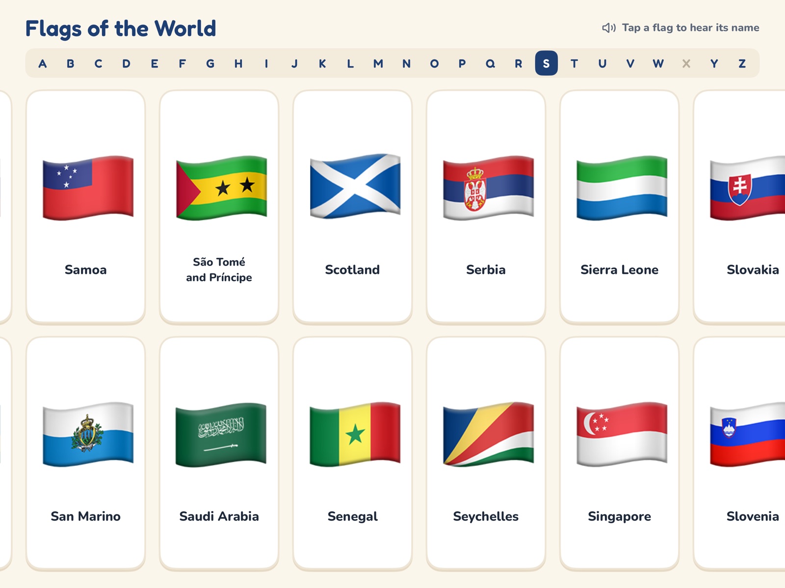 The grid scrolled to countries starting with S, with S highlighted in the A to Z bar
