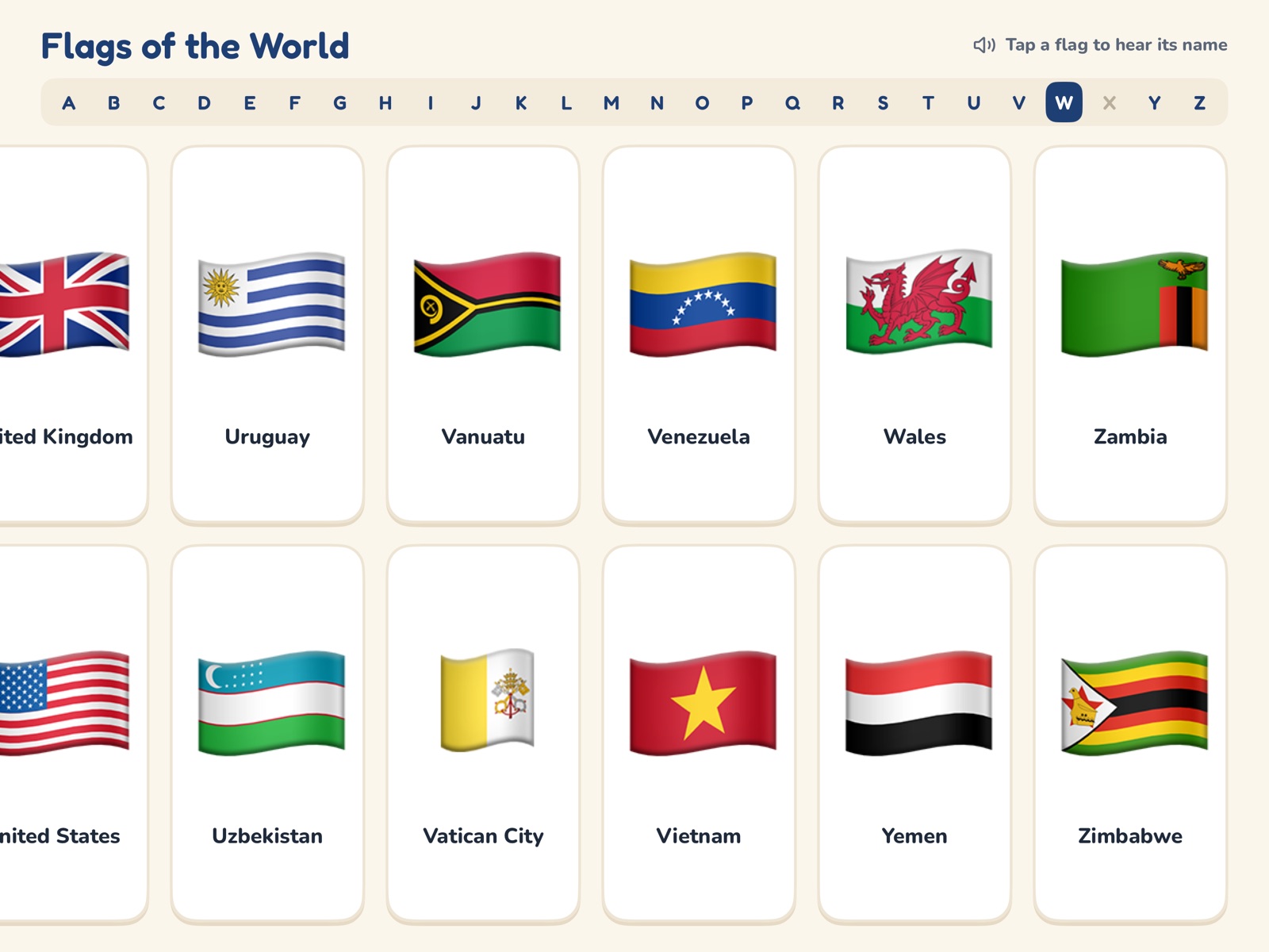 The grid scrolled to Wales, Yemen, Zambia and Zimbabwe